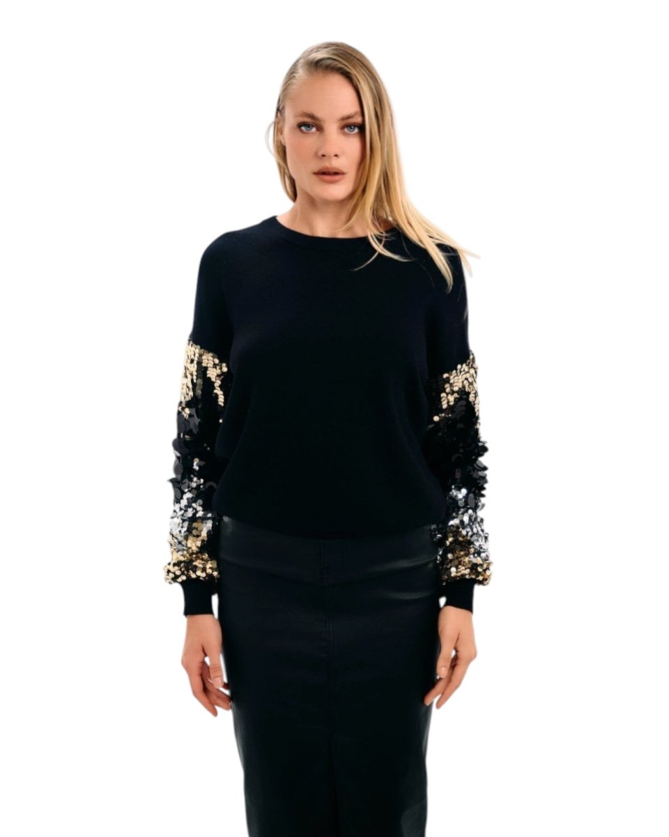 SEQUIN SLEEVE KNIT SWEATER