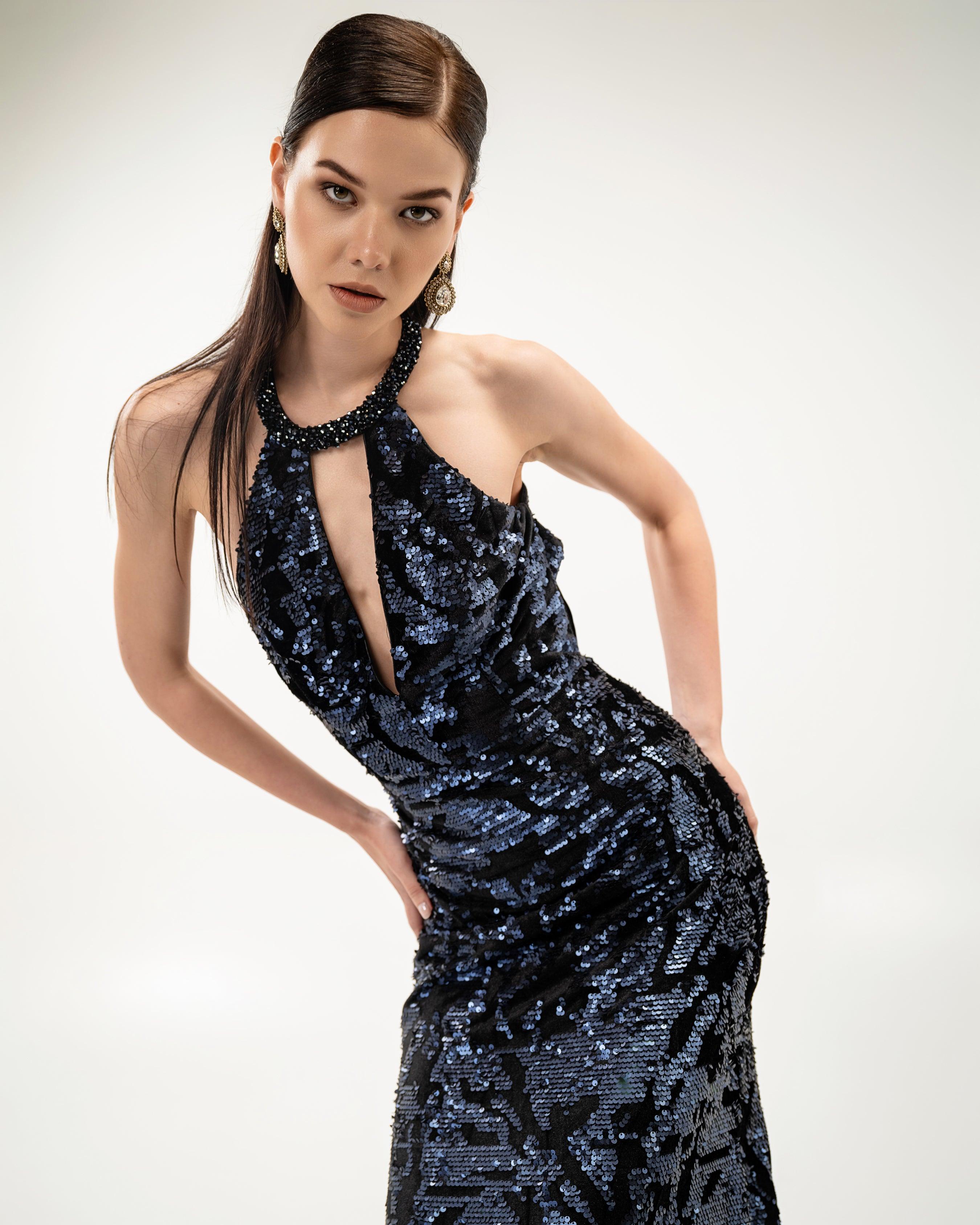 Iridescent Sequin Caged-Open-Back Dress