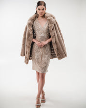 METALLIC HOODED FAUX-FUR TRIMMED JACKET