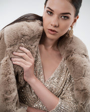 METALLIC HOODED FAUX-FUR TRIMMED JACKET