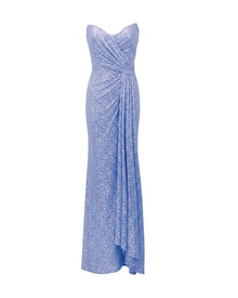 STRAPLESS DRAPED SEQUIN COLUMN GOWN