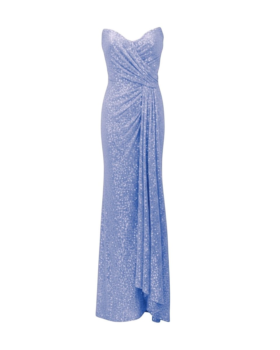 STRAPLESS DRAPED SEQUIN COLUMN GOWN