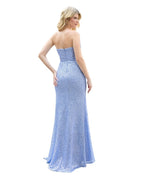 STRAPLESS DRAPED SEQUIN COLUMN GOWN