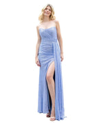 STRAPLESS DRAPED SEQUIN COLUMN GOWN