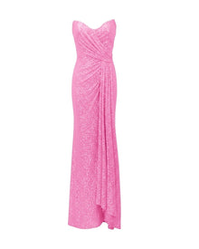 STRAPLESS DRAPED SEQUIN COLUMN GOWN