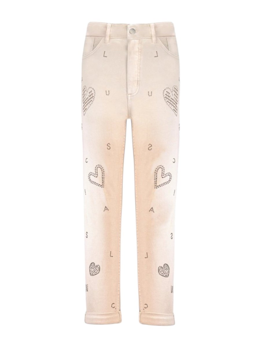STUDDED LOVE MOTIF DENIM PANTS