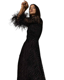 VELVET ZEBRA MESH DRESS WITH FEATHER CUFFS
