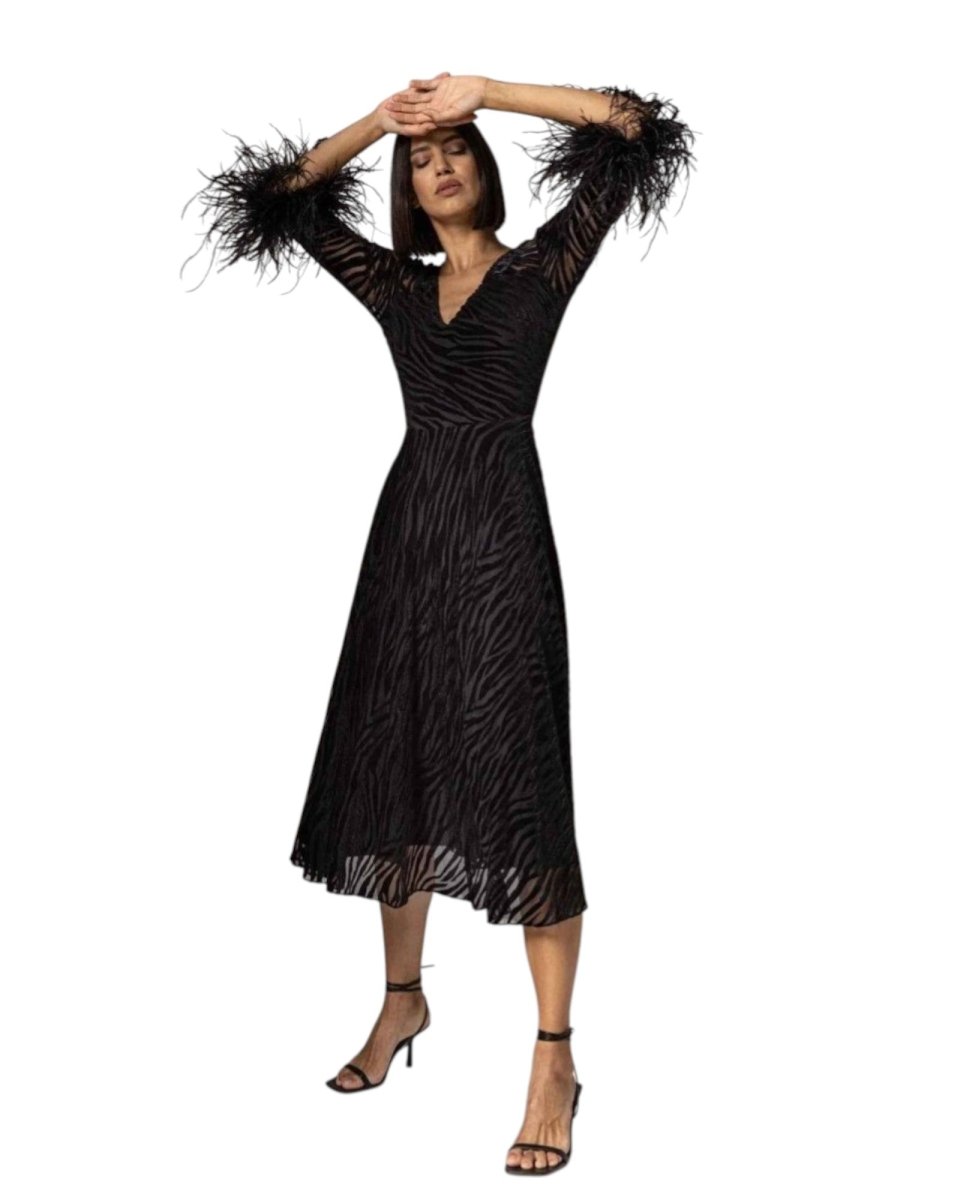 VELVET ZEBRA MESH DRESS WITH FEATHER CUFFS