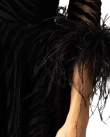 VELVET ZEBRA MESH DRESS WITH FEATHER CUFFS