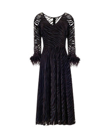 VELVET ZEBRA MESH DRESS WITH FEATHER CUFFS