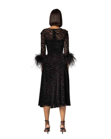 VELVET ZEBRA MESH DRESS WITH FEATHER CUFFS