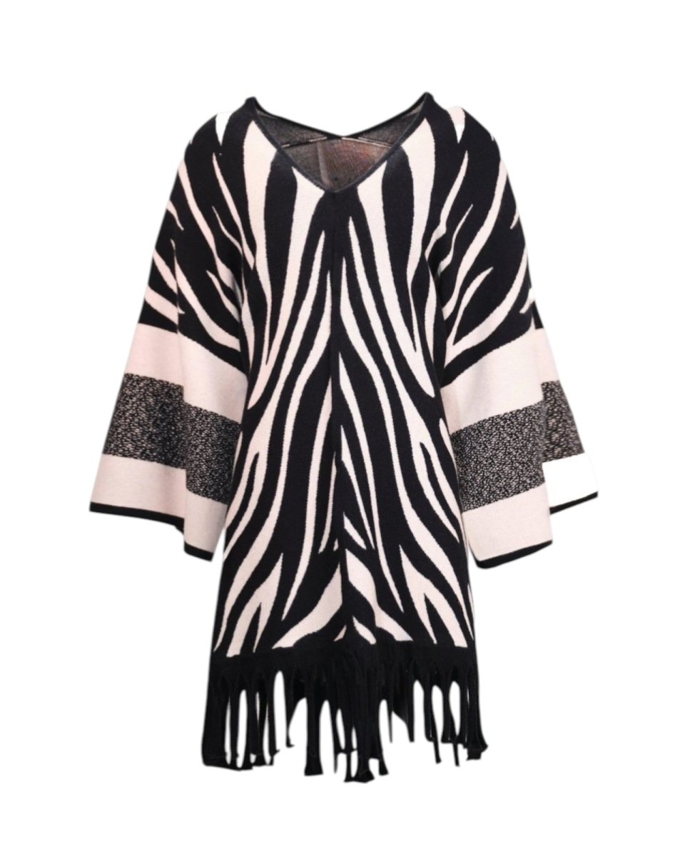 ZEBRA PRINT FRINGED CAPE