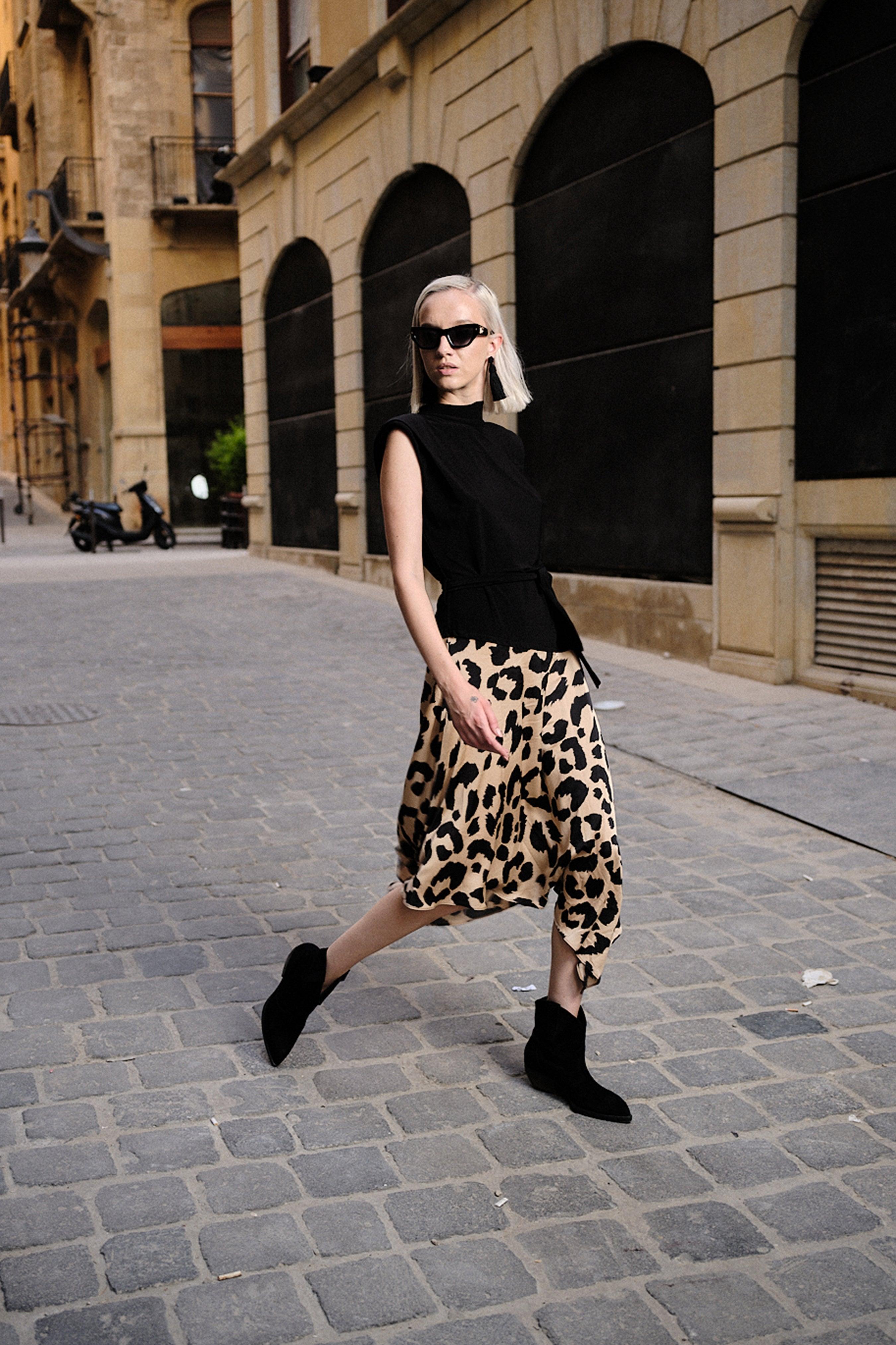 Black Leopard Dress with Tie Belt