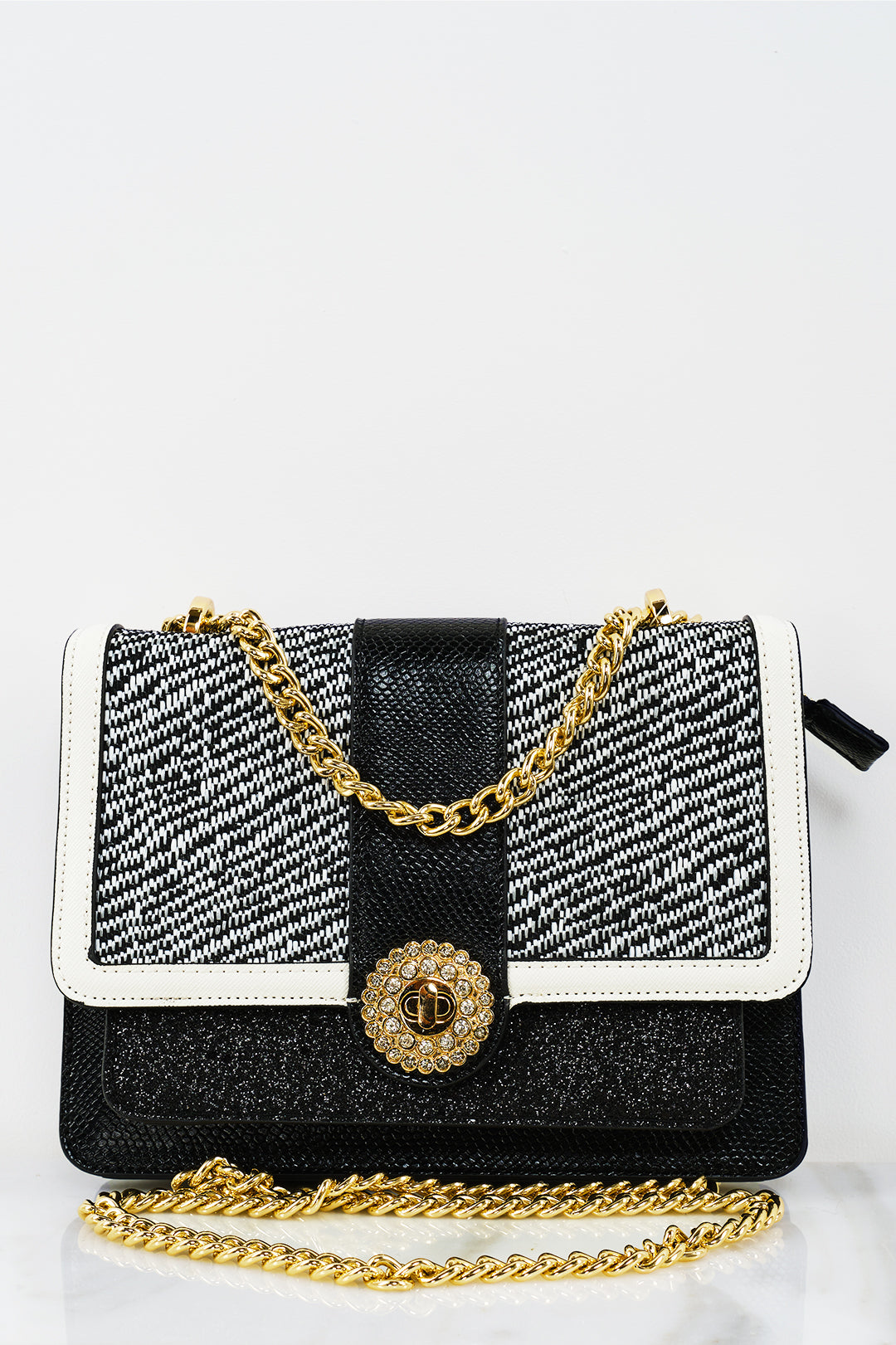 CHAIN STRAP TWEED PANEL SHOULDER BAG