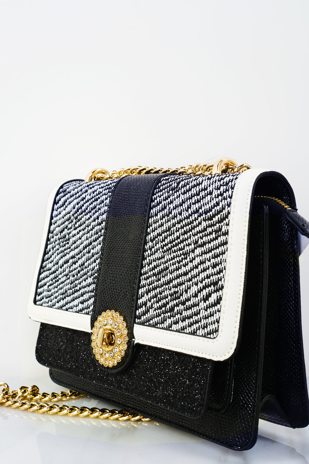 CHAIN STRAP TWEED PANEL SHOULDER BAG