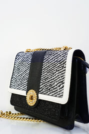 CHAIN STRAP TWEED PANEL SHOULDER BAG