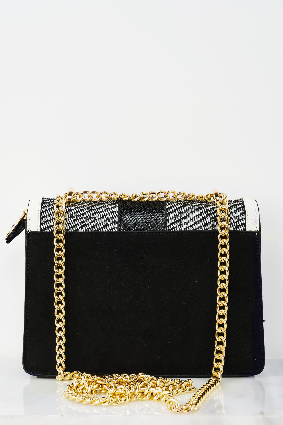 CHAIN STRAP TWEED PANEL SHOULDER BAG