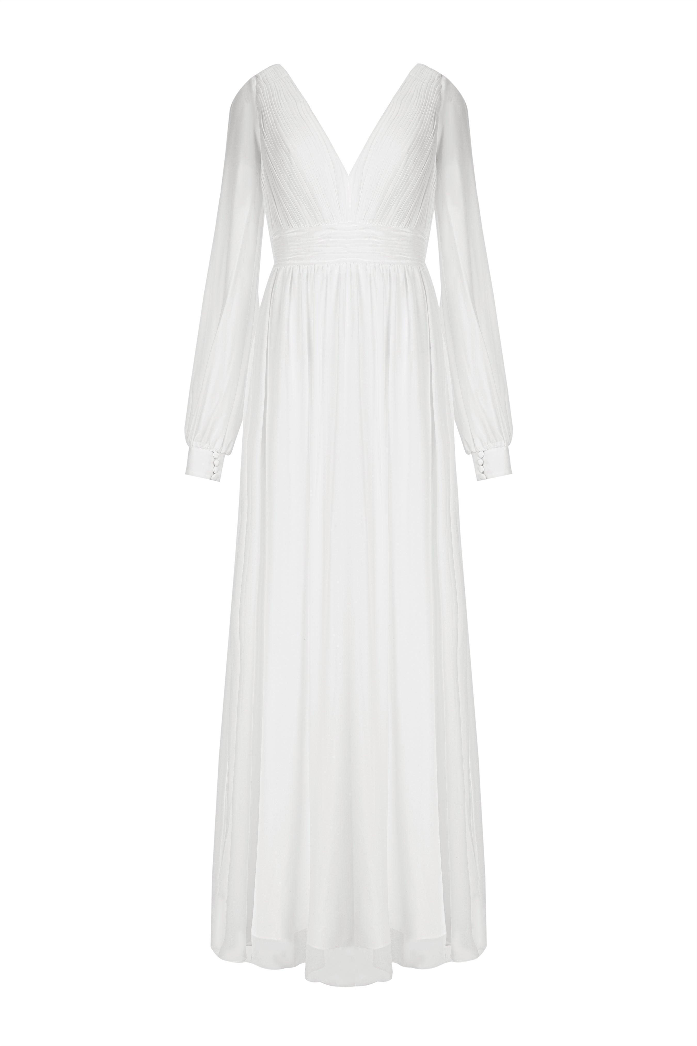 Long Sleeved Ivory Bridal Pleated Dress