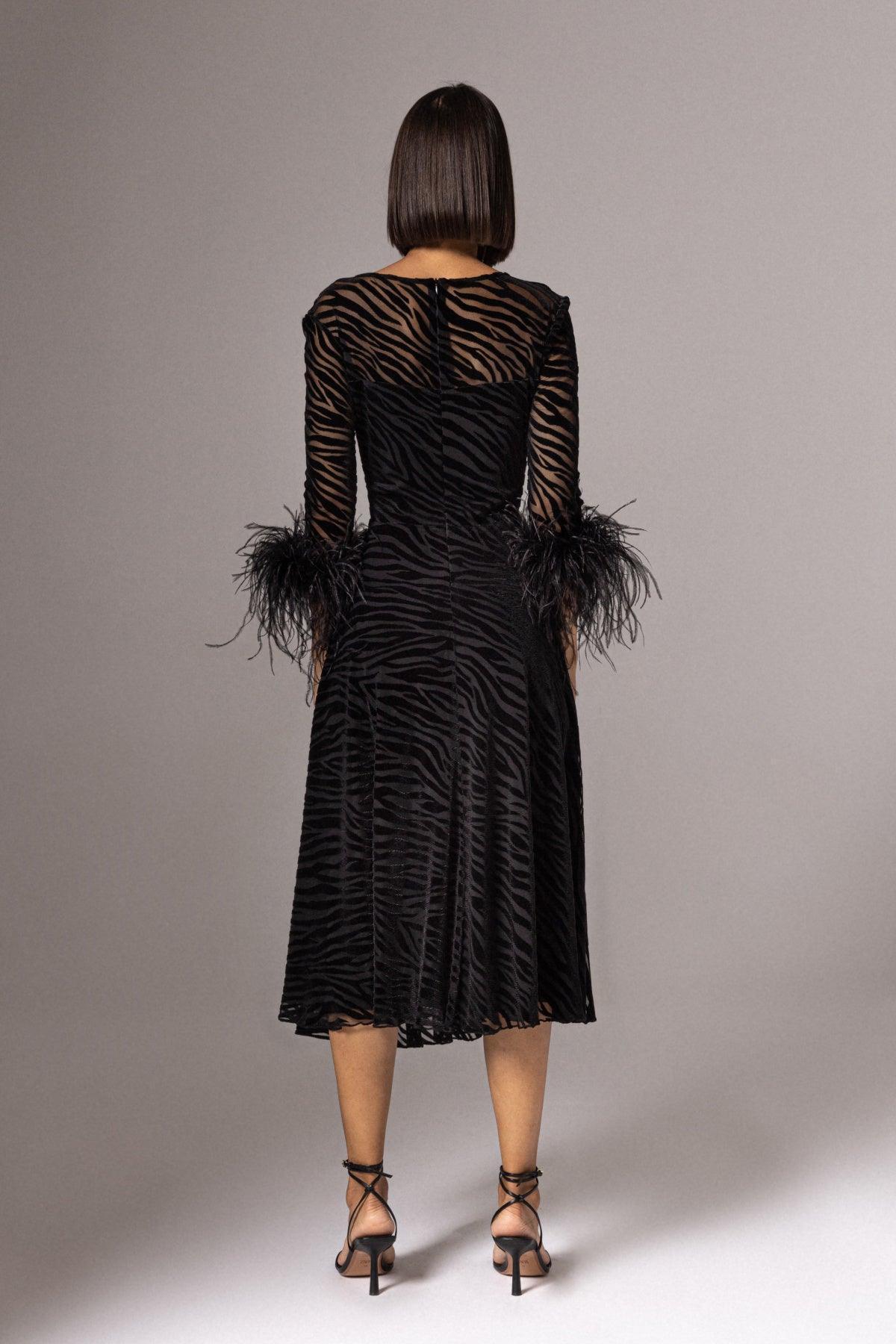 VELVET ZEBRA MESH DRESS WITH FEATHER CUFFS