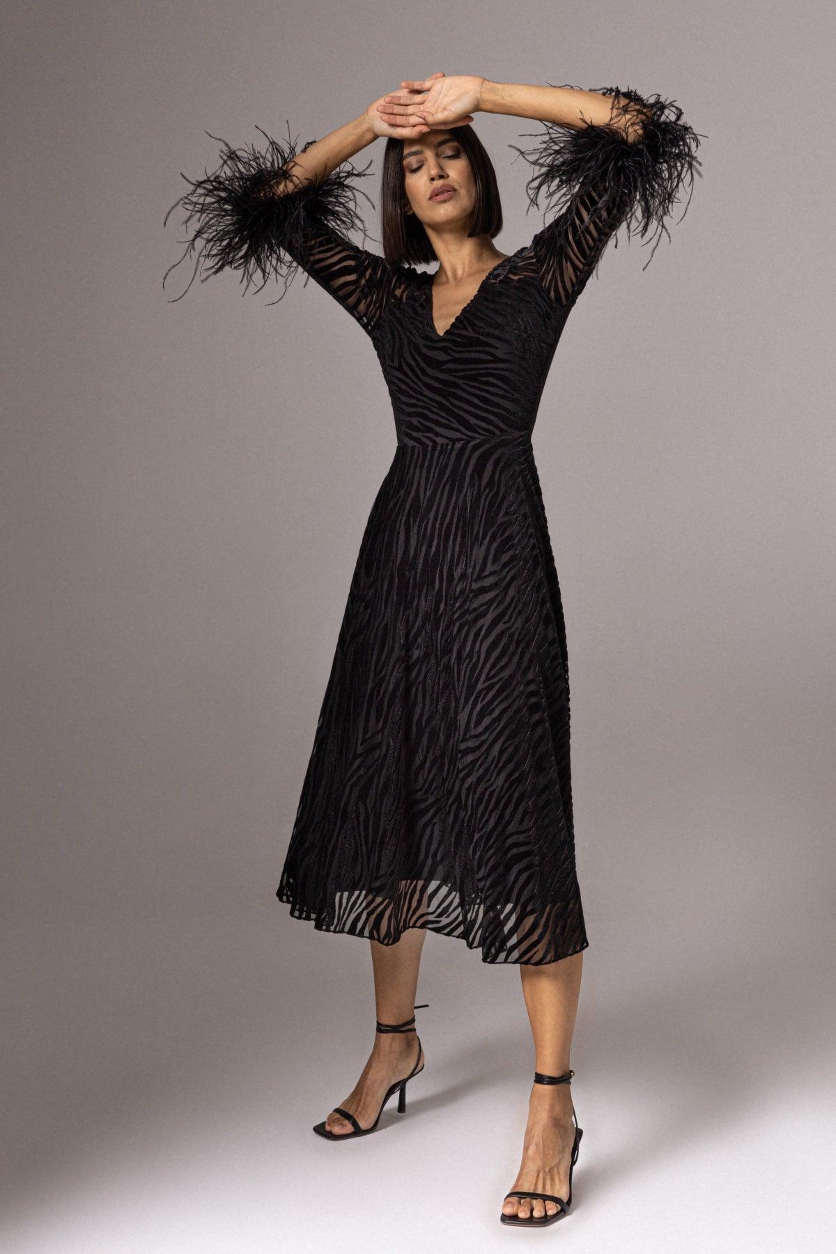 VELVET ZEBRA MESH DRESS WITH FEATHER CUFFS