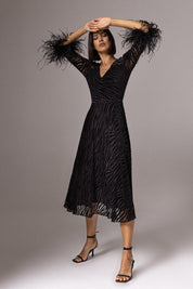 VELVET ZEBRA MESH DRESS WITH FEATHER CUFFS