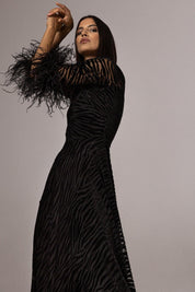 VELVET ZEBRA MESH DRESS WITH FEATHER CUFFS