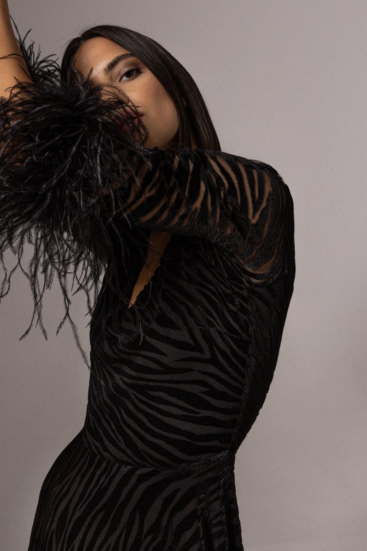 VELVET ZEBRA MESH DRESS WITH FEATHER CUFFS