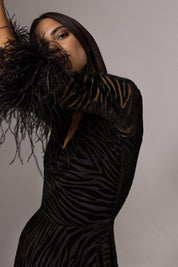 VELVET ZEBRA MESH DRESS WITH FEATHER CUFFS
