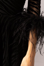 VELVET ZEBRA MESH DRESS WITH FEATHER CUFFS