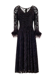 VELVET ZEBRA MESH DRESS WITH FEATHER CUFFS