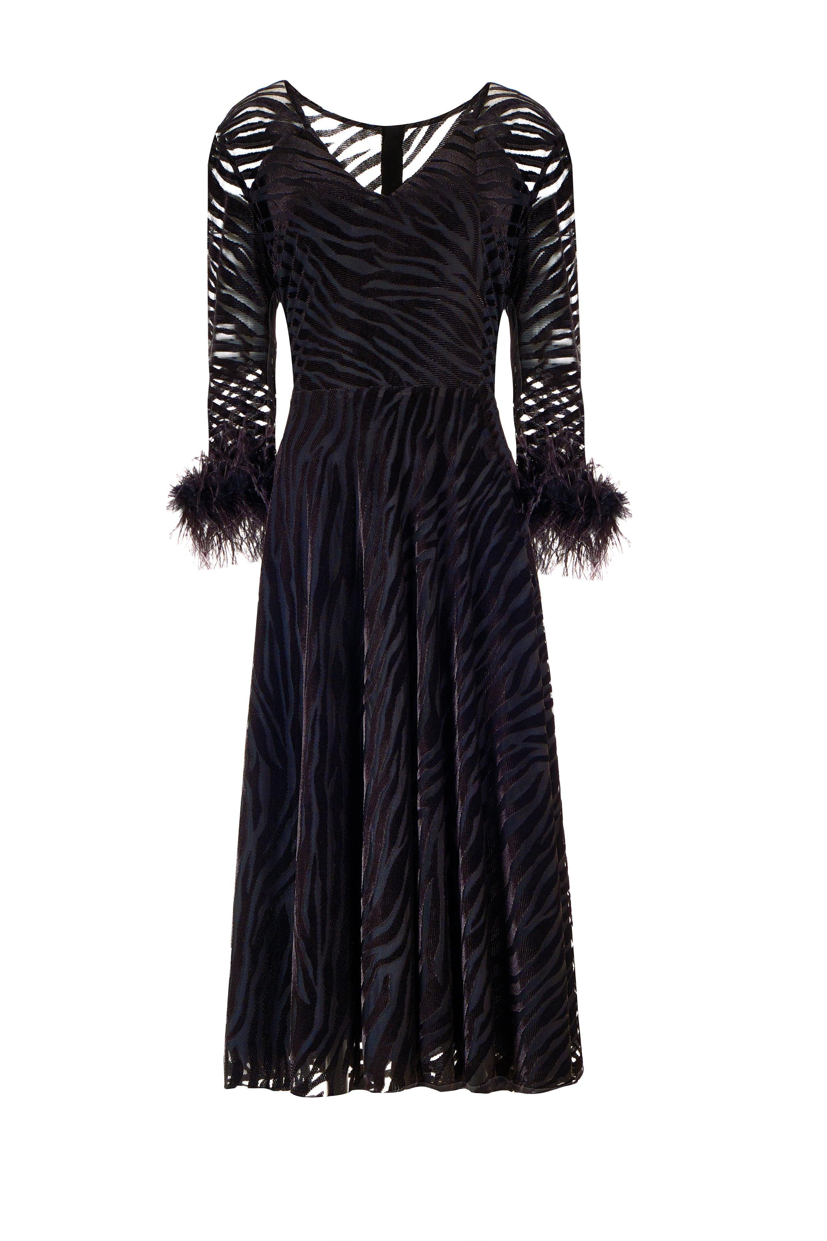 VELVET ZEBRA MESH DRESS WITH FEATHER CUFFS