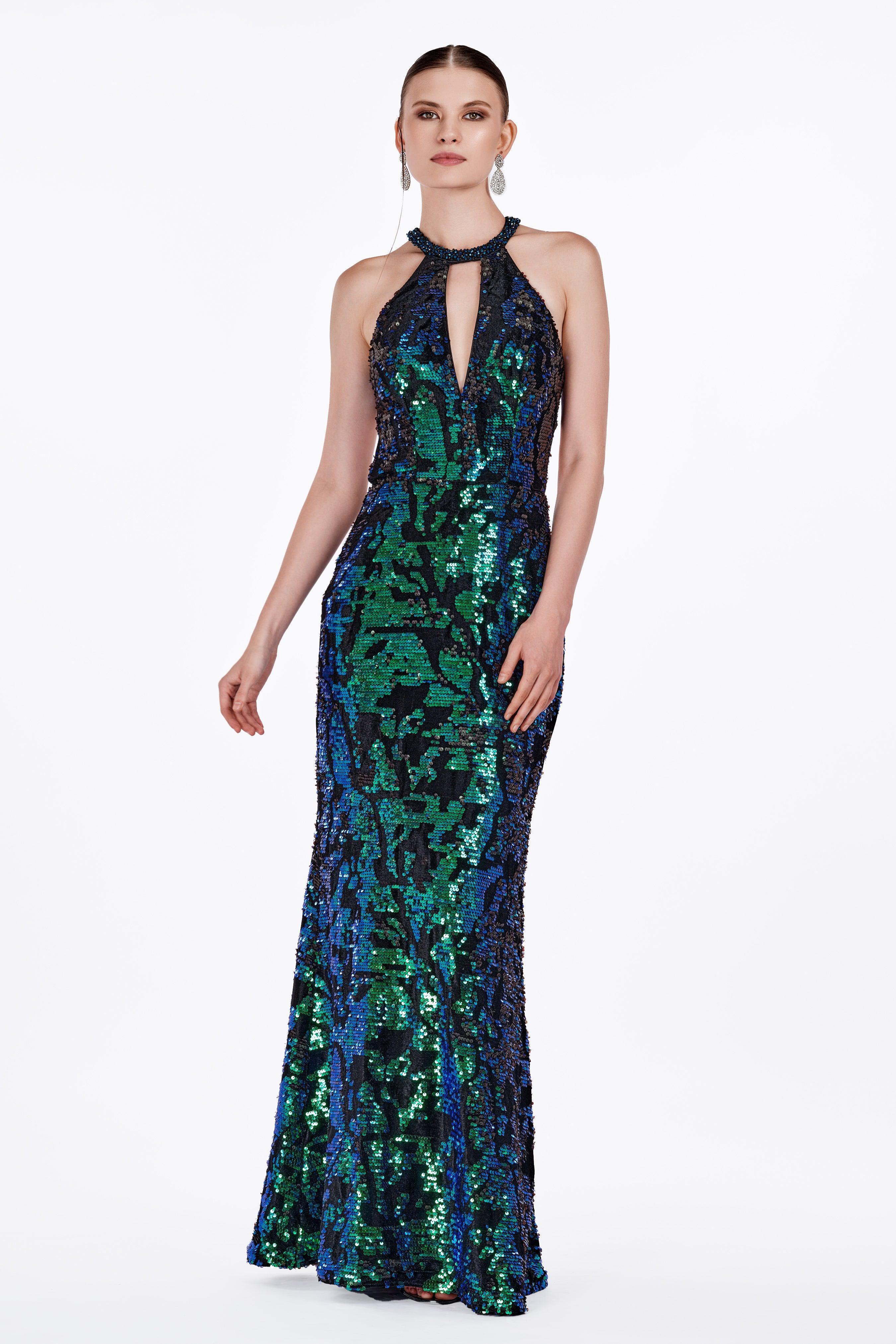 Emerald Green Sequin Caged-Open-Back Dress